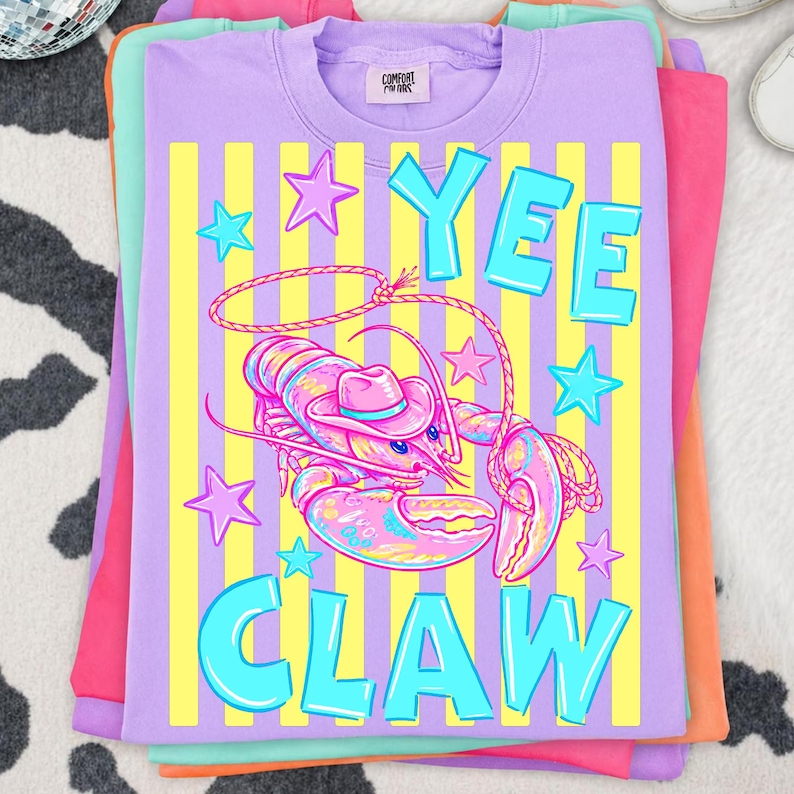 Image of Yee Claw Lobster Cowboy PNG Striped Coastal Cowgirl Sublimation Design Western Beach Tomato Girl Summer Retro Seafood Fisherman core Shirt