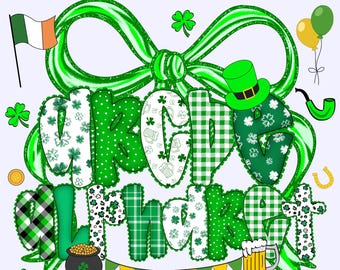 Pacchetto di font PNG dell'alfabeto di San Patrizio, lettere di trifoglio verde, numeri di fiocco irlandese, clipart festivo, design a sublimazione, trifoglio, cappello da folletto