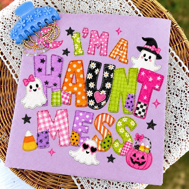 Image of I'm a Haunt Mess Halloween PNG Sublimation Design Patchwork Ghost Shirt Graphic Retro Pink Halloween Pumpkin DTF File Digital Download