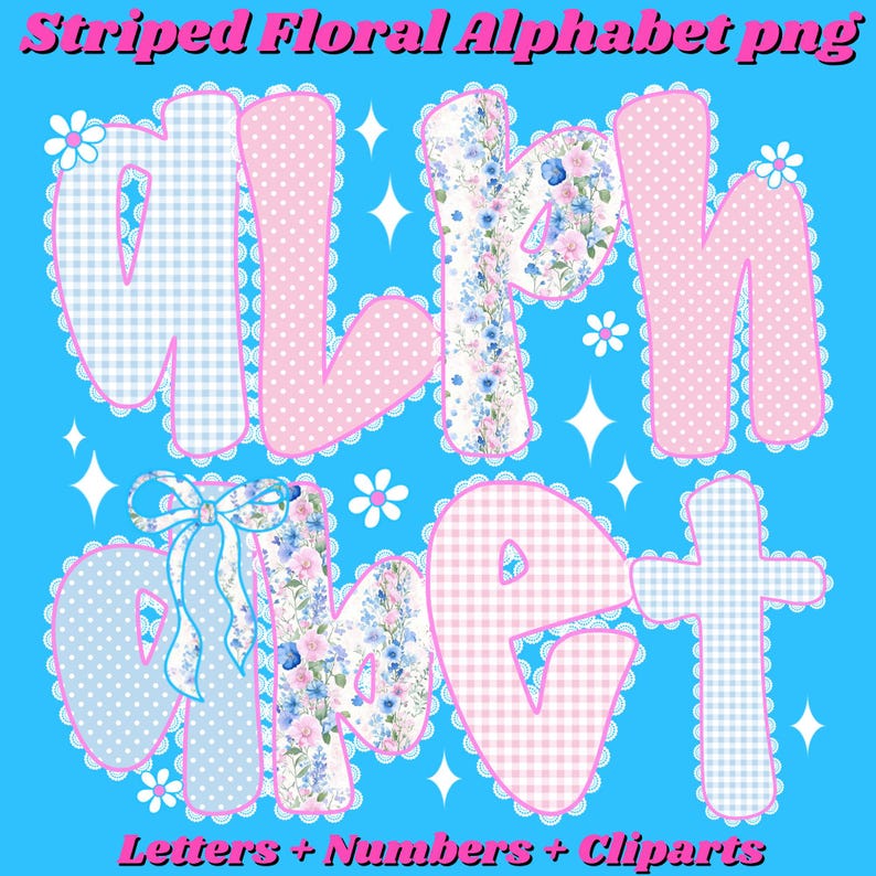 Grandmillennial Alphabet PNG Preppy Floral Gingham Alpha Set Lace Trim ...