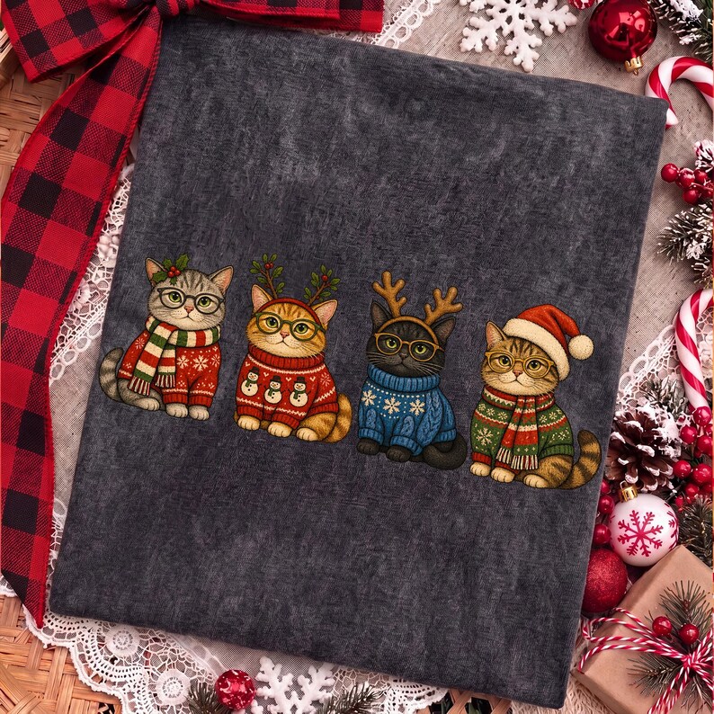 K&ouml;nnte beinhalten: Ein dunkelgrauer Stoff mit einem Grafikdruck von vier Katzen, die Brillen und Winterkleidung tragen. Die Katzen sind mit Pullovern, Schals und weihnachtlichen Kopfbedeckungen wie Rentiergeweihen und einer Weihnachtsmannm&uuml;tze bekleidet.
