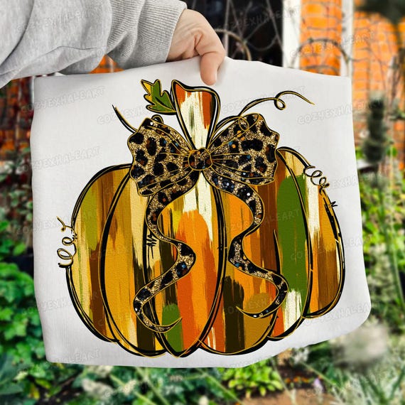 Coquette Leopard Bow Pumpkin PNG: Floral Gold Digital Download for Autumn Decor