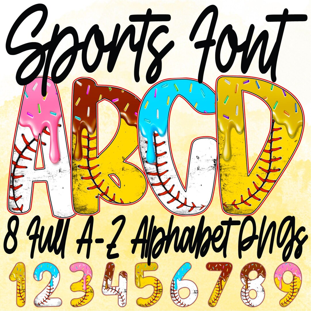 Baseball Font Bundle, Drippy Alphabet PNG Bundle With Stitch Pattern ...