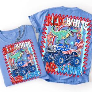 Red White and Rawr PNG 4th of July Dinosaur Monster Truck Sublimation Design Patriotic Kids Shirt Design American Flag T-Rex PNG Download