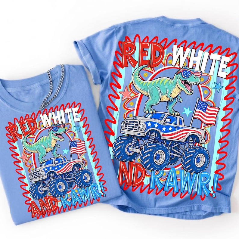 Image of Red White and Rawr PNG 4th of July Dinosaur Monster Truck Sublimation Design Patriotic Kids Shirt Design American Flag T-Rex PNG Download