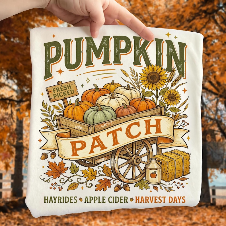 Vintage Pumpkin Patch Wagon PNG digital download featuring rustic fall harvest details