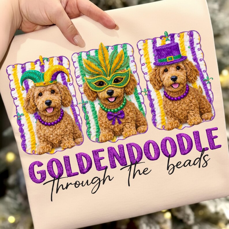 Mardi Gras Dog, Goldendoodle PNG, Beads Dog Shirt, Carnival Dog, Fat Tuesday Dog, Jester Dog PNG, Masked Dog PNG, Louisiana Dog, Cute Doodle PNG, Dog Lover Gift, Sublimation PNG, DTF Mardi Gras, Trendy Dog Design
