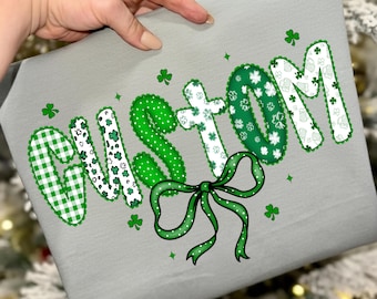 Personalized St. Patrick’s Day PNG for Custom Name Shirt Designs, Shamrock Bow Graphic, Green Lucky Irish Apparel, Printable Digital File