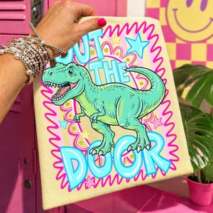 out the door png, last day of school, preppy dinosaur, end of year png, schools out png, dinosaur school, retro dinosaur png, student shirt png, school farewell, sublimation png, teachersaurus png, school spirit png, graduation dinosaur