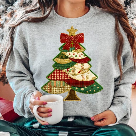 Vintage Patchwork Christmas Tree PNG: Retro Preppy Bow Design for Sublimation & Printables