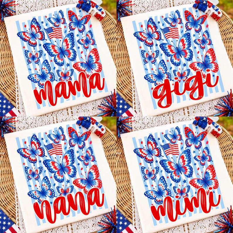 Patriotic Butterfly Mama PNG design with red, white, and blue stripes and a floral accent