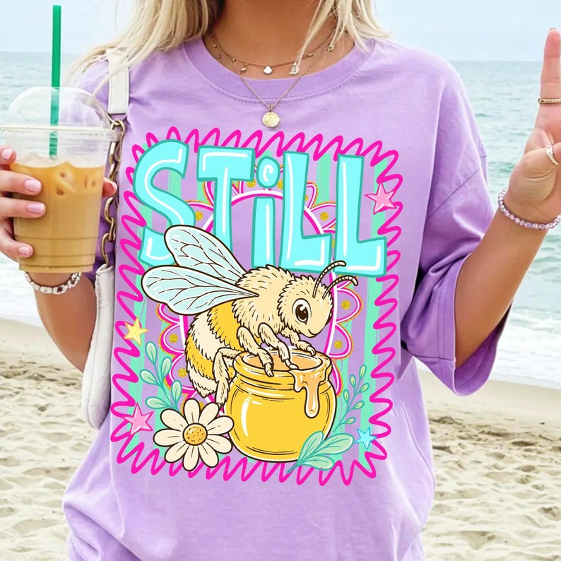 Preppy Bee Honey Pot PNG design applied to a summer-themed t-shirt