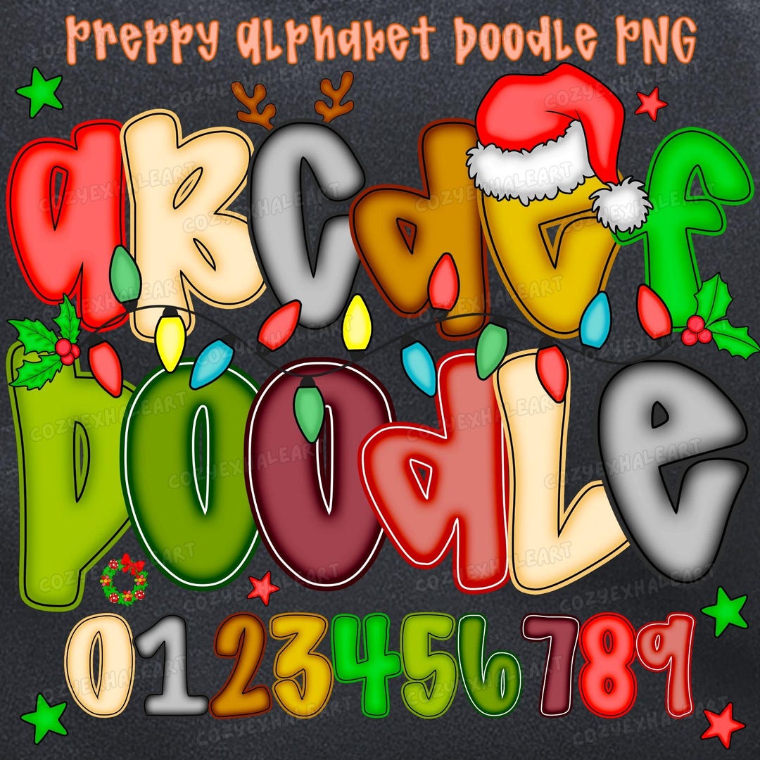 Christmas Alphabet PNG: Preppy Doodle Font With Lights (digital ...