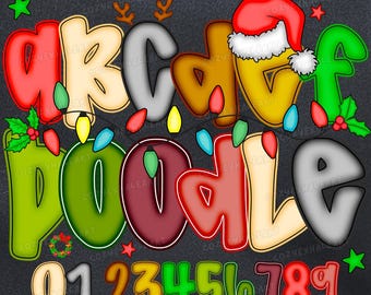 Christmas Alphabet PNG: Preppy Doodle Font with Lights (Digital Download)