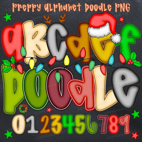 Christmas Alphabet PNG: Preppy Doodle Font with Lights (Digital Download)