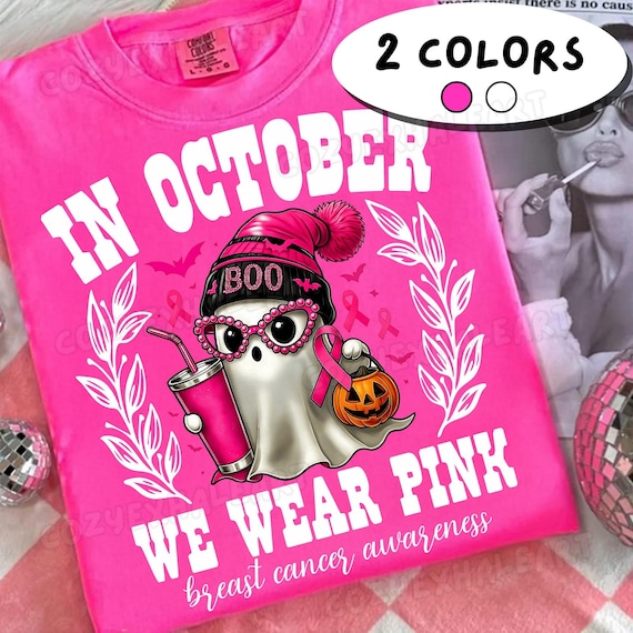 October Pink Ribbon Ghost PNG: Breast Cancer Awareness Sublimation Digital Download for Halloween