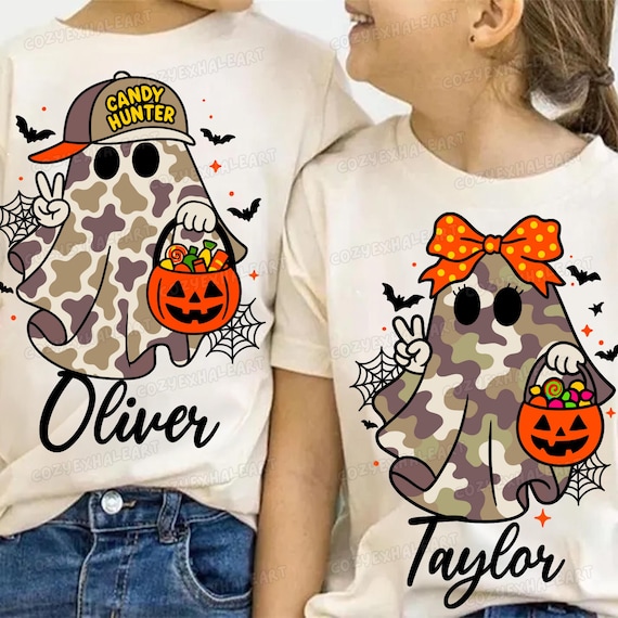 Personalized Camo Halloween Ghost PNG: Candy Hunter Kids Design (Digital Download