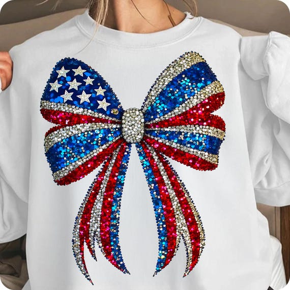 Faux Rhinestone USA Coquette Bow PNG: Sparkly Patriotic 4th of July Sublimation Design for Digital Download