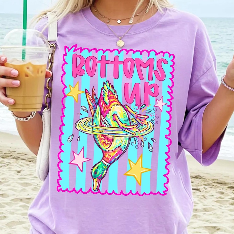 Image of Striped Bottoms Up Duck PNG Preppy Summer Design Lake Girl Sublimation Beach Vibe Shirt Digital Download Mallard Duck Art Retro Summer DTF