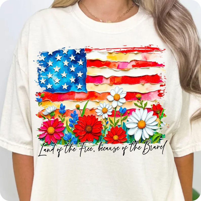 Image of Floral American Flag PNG Wildflower USA Sublimation Digital Download 4th of July Independence Day Memorial Day Brushstroke Oil Paint Design