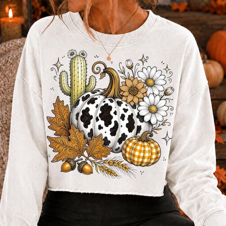 Puede incluir: Una sudadera blanca de manga larga con un estampado gr&aacute;fico de una calabaza con manchas de vaca, una calabaza de cuadros amarillos, un cactus verde, hojas de oto&ntilde;o marrones, bellotas, tallos de trigo y margaritas blancas y amarillas.