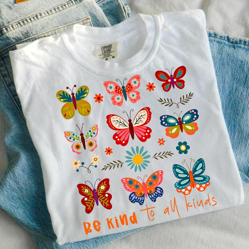 Be Kind to All Kinds PNG, Boho Floral Design, Inspirational Shirt, Butterfly & Wildflower Sublimation, Positive Quote