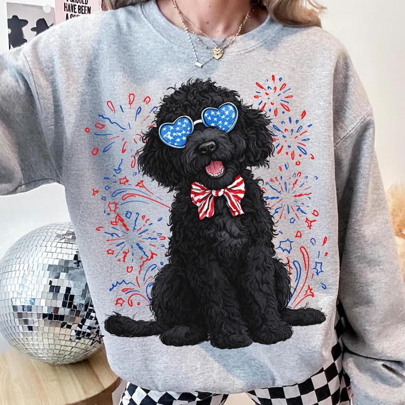 Example of the Patriotic Goldendoodle design on a t-shirt, showcasing its appeal for custom apparel.