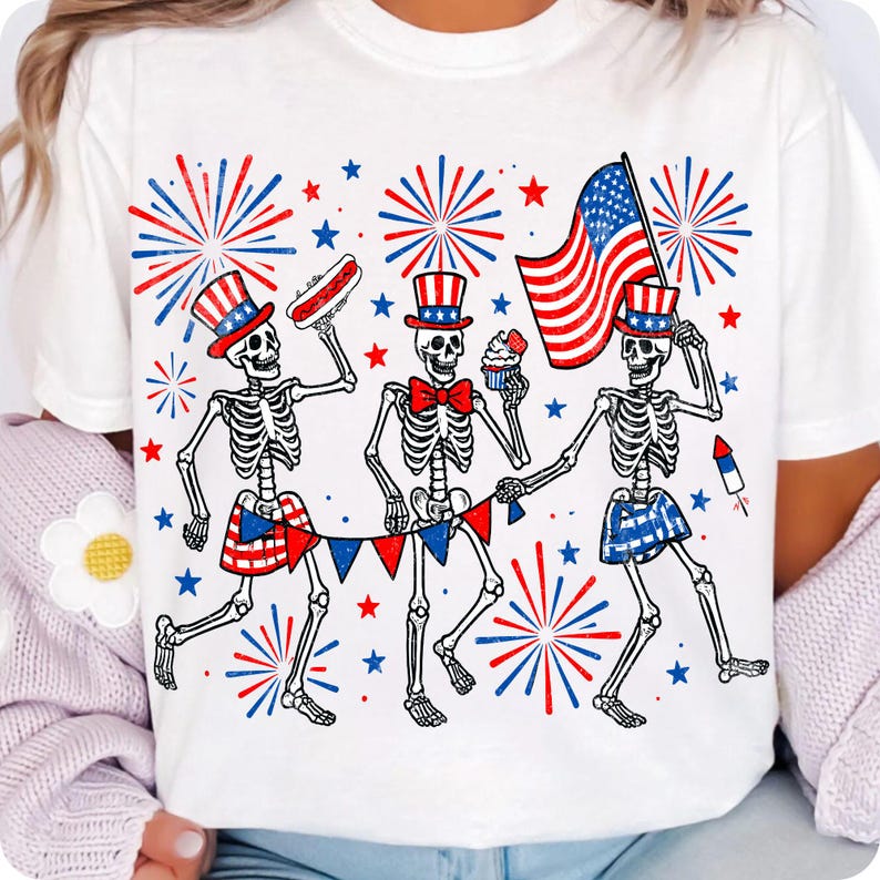 Red White and Blue Skeleton USA Party Shirt Graphic