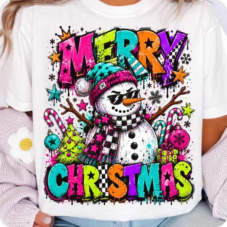 Vibrant Neon Retro Snowman Sublimation Design on Hoodie Mockup