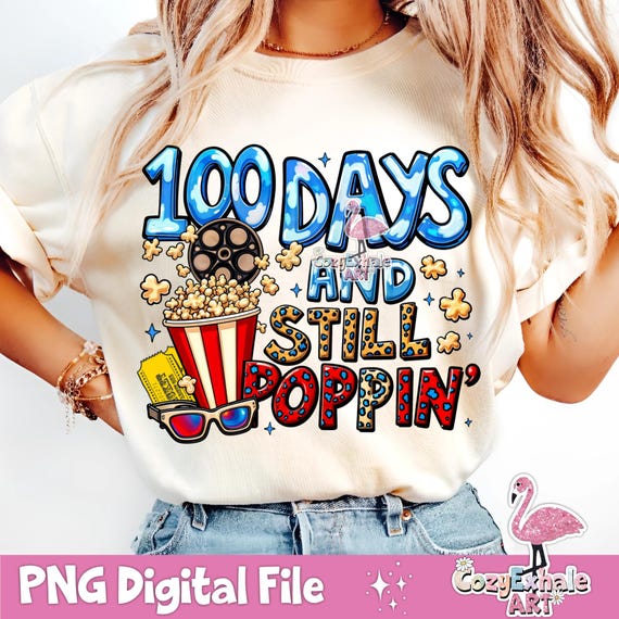 Retro Popcorn 100 Days of School PNG Digital Download for Sublimation & Classroom Decor