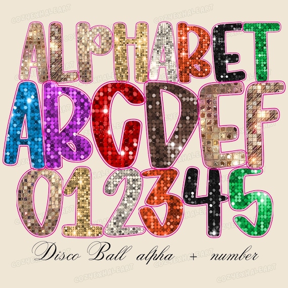 Disco Ball Alphabet PNG: Glitter 70s Font, Gingham Retro Party Clipart (Digital Download)