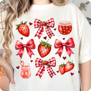 Adorn your summer designs with this Coquette Strawberry PNG! Features glittery strawberries, floral accents & a preppy bow—perfect for girly tees, strawberry festival outfits, or cute mama shirts. A charming pick for summer vibes & cottagecore dreams!