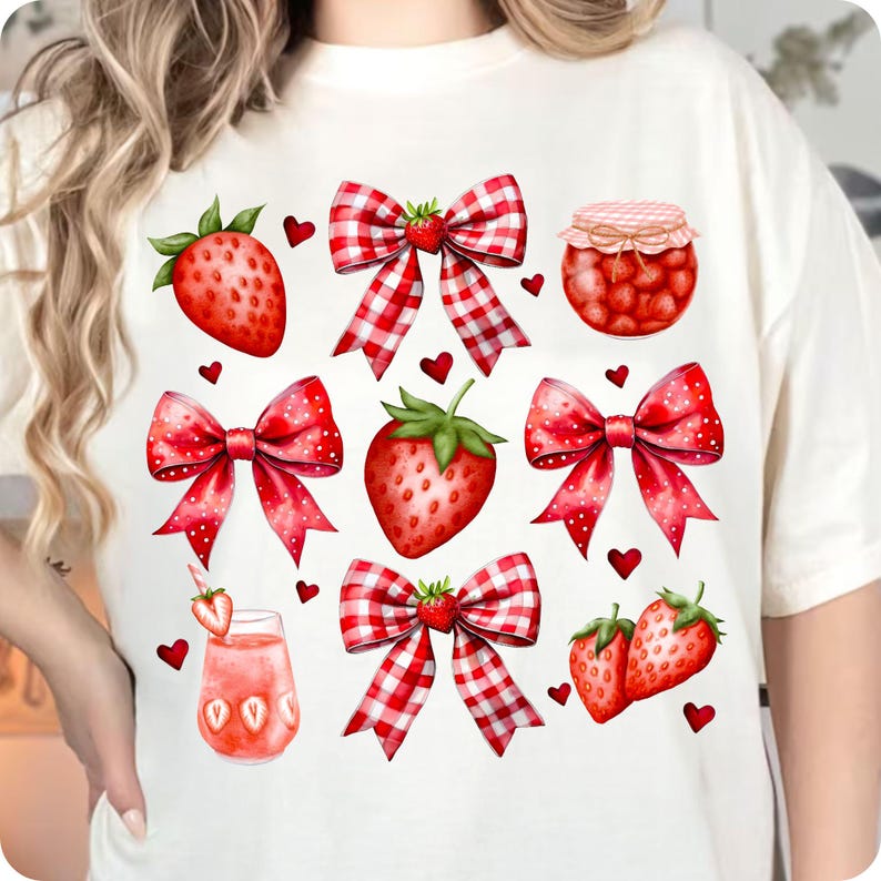 Adorn your summer designs with this Coquette Strawberry PNG! Features glittery strawberries, floral accents & a preppy bow—perfect for girly tees, strawberry festival outfits, or cute mama shirts. A charming pick for summer vibes & cottagecore dreams!