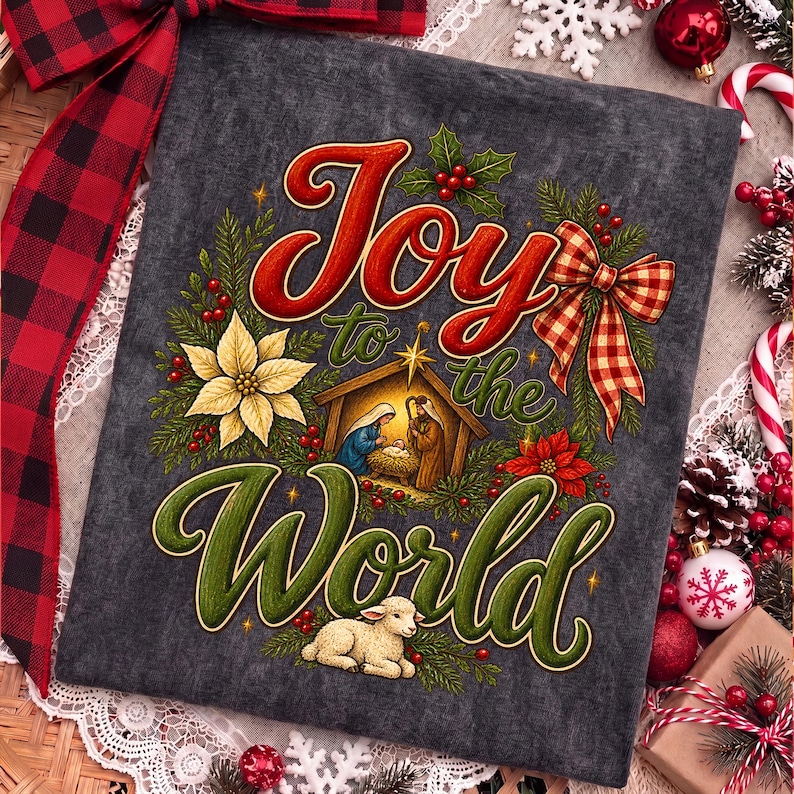 Może przedstawiać: Ciemnoszara tkanina z kolorową grafiką i napisem Joy to the World. Wz&oacute;r przedstawia scenę narodzin z postaciami, białą gwiazdę betlejemską, czerwone jagody, zielone gałązki sosny oraz czerwono-białą kokardę w kratę jako akcent.