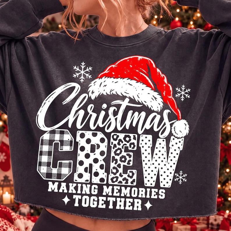 Family wearing matching Christmas Crew shirts featuring the festive digital design.