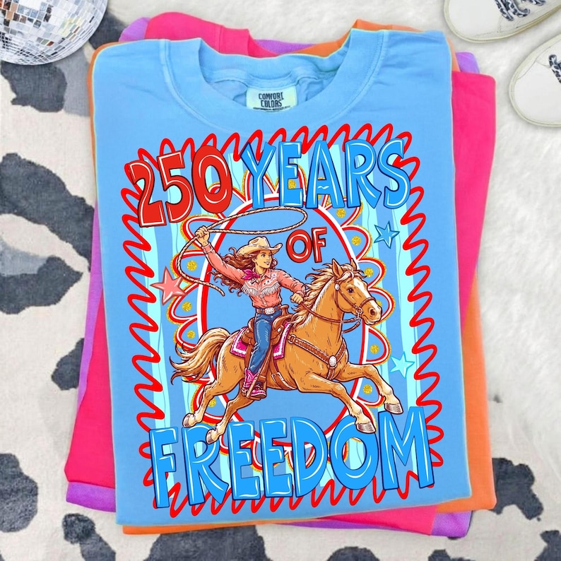 Image of Western 4th of July PNG 250 Years of Freedom 1776 2026 Patriotic Cowgirl Rodeo Sublimation Design Digital Download USA Independence Day