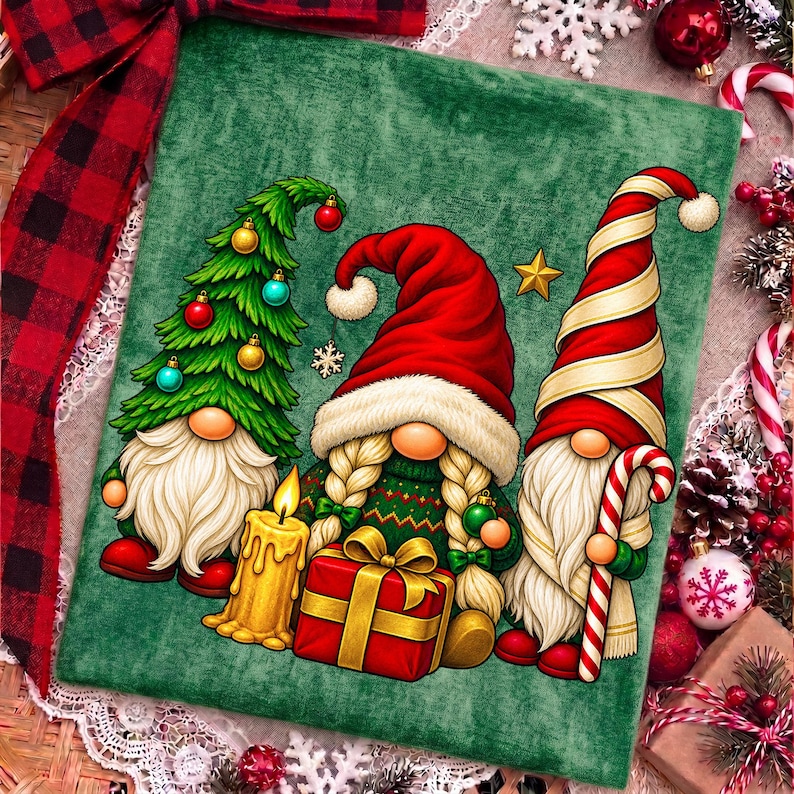 Puede incluir: Un cuadrado de tela verde con tres gnomos. El gnomo de la izquierda lleva un gorro de &aacute;rbol de Navidad con adornos. El gnomo central tiene trenzas rubias, un gorro rojo y sostiene un regalo rojo. El gnomo de la derecha lleva un gorro a rayas.