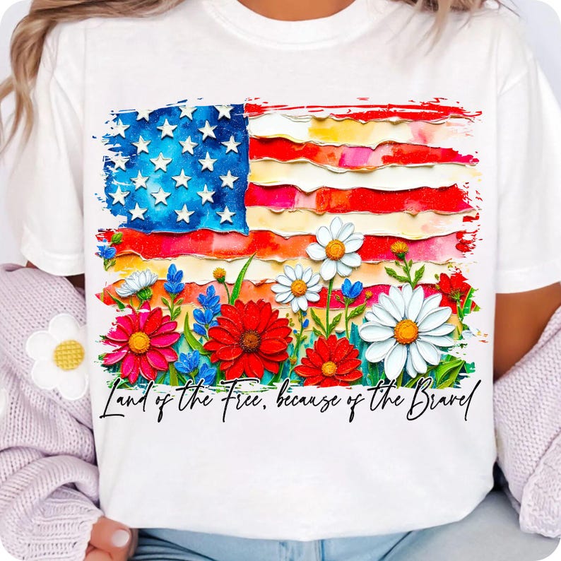 Floral American Flag PNG, USA Patriotic Wildflower Sublimation, 4th of July Memorial Day Design, Girly Oil Paint Brushstroke Flag