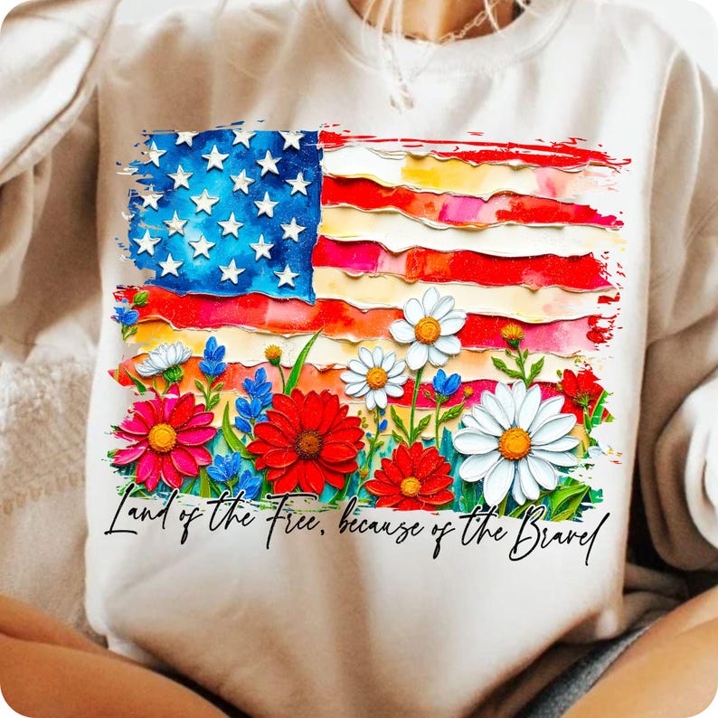 Floral American Flag PNG, USA Patriotic Wildflower Sublimation, 4th of July Memorial Day Design, Girly Oil Paint Brushstroke Flag