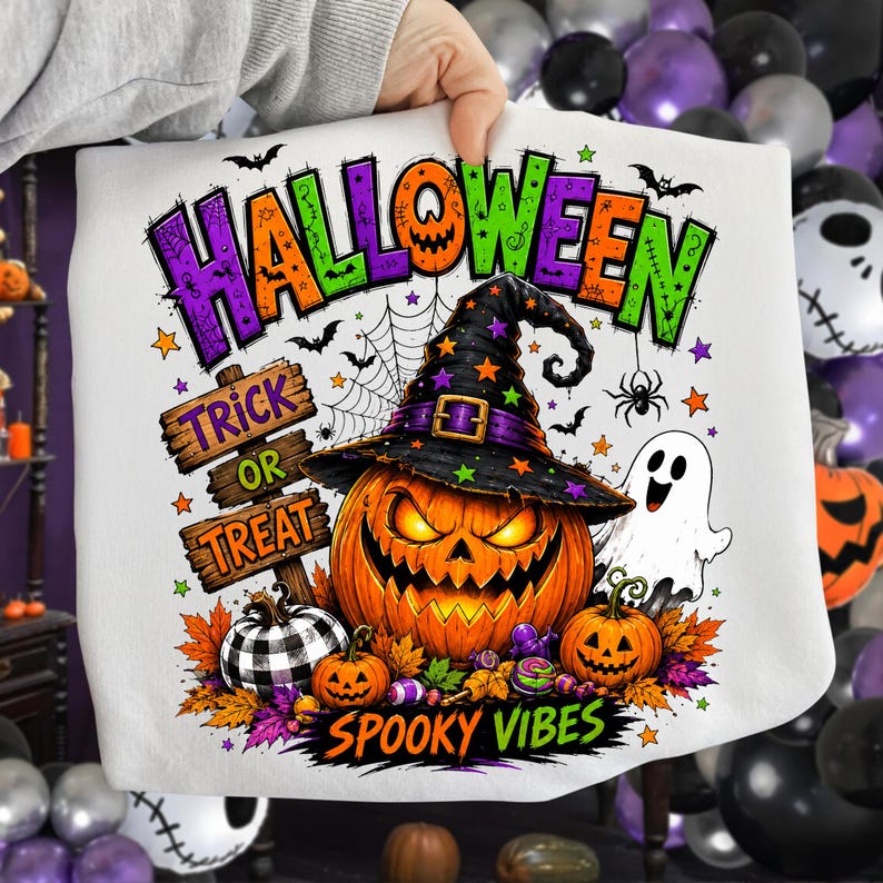 Vibrant Halloween Trick or Treat pumpkin PNG sublimation design on a t-shirt mock-up, showcasing its illustrative style.