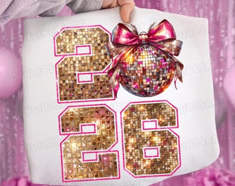 2026 Neujahr Disco Ball PNG Retro Kokette Bogen Design Digital Download für festliche Kleidung Feiern, trendige Shirt Grafiken, Party Dekor