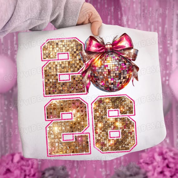2026 New Year Disco Ball PNG: Retro Coquette Bow Design Digital Download for Festive Celebrations