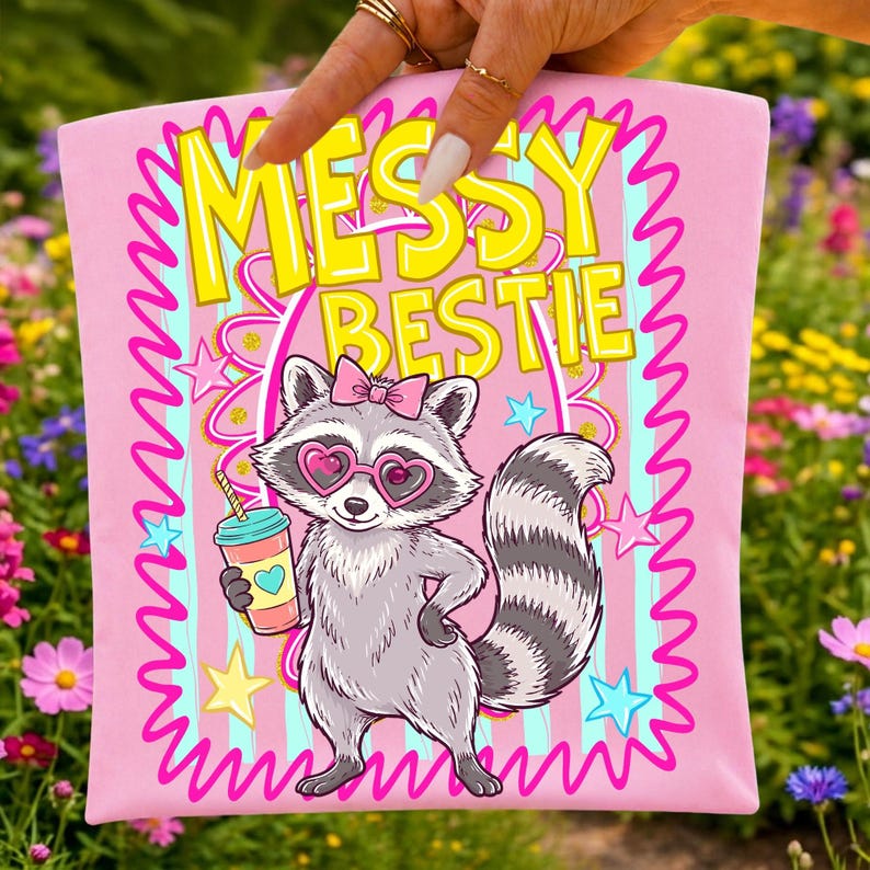 以下が含まれることがあります： 「Messy Bestie」の文字と、ハート型のサングラスとリボンをつけた漫画のキャラクターのアライグマが描かれたピンク色のTシャツ。アライグマは飲み物を持っています。デザインには星と波線が含まれています。