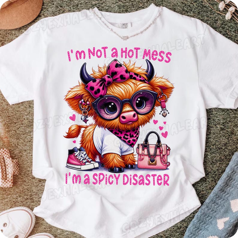 I'm Not A Hot Mess I'm A Spicy Disaster Highland Cow PNG, Funny Western Sublimation Design, Cheeky Cow with Leopard Bow for T-Shirt Gift