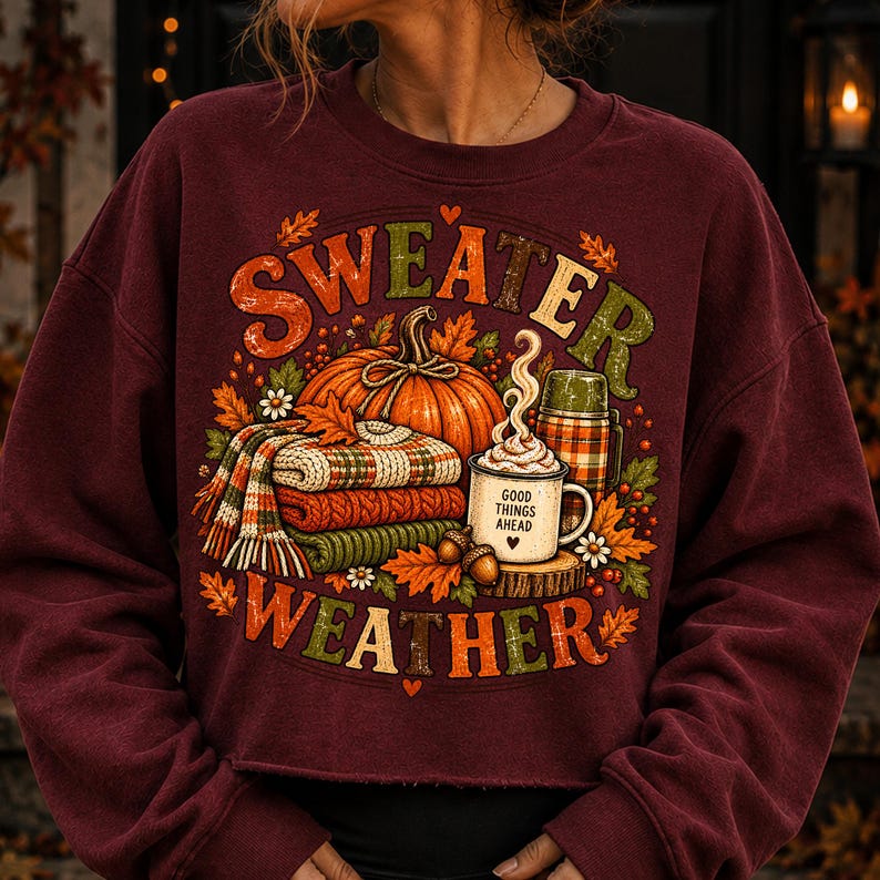 Puede incluir: Una sudadera granate de cuello redondo con un estampado gr&aacute;fico que incluye el texto "SWEATER WEATHER". El dise&ntilde;o muestra una calabaza naranja grande, una pila de mantas de cuadros dobladas, un termo y una taza con el texto "GOOD THINGS AHEAD".