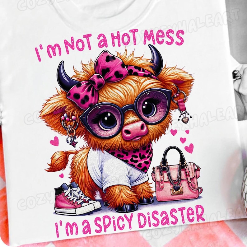 Highland Cow PNG 'I'm Not A Hot Mess I'm A Spicy Disaster' with leopard bow on a t-shirt mock-up