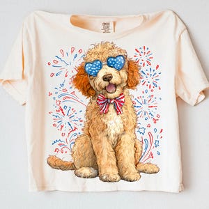 Goldendoodle Patriotic PNG, Fourth of July Dog Clipart, USA Dog Digital Illustration, Red White Blue Bow, Retro 4th of July Sublimation