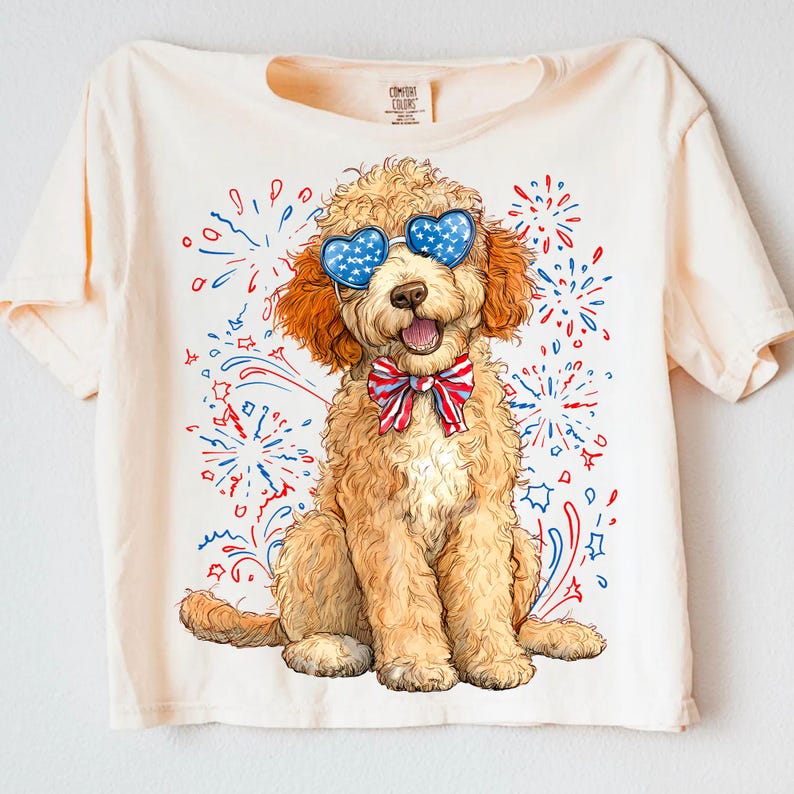 Goldendoodle Patriotic PNG, Fourth of July Dog Clipart, USA Dog Digital Illustration, Red White Blue Bow, Retro 4th of July Sublimation