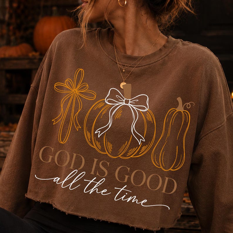 Christian Fall Pumpkin Bow Design 'God Is Good All the Time' PNG digital file with elegant line art.
