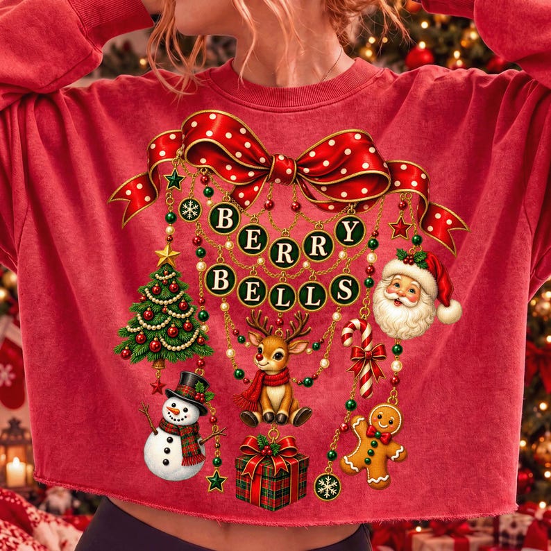 Image of Vintage Coquette Christmas Charm Bow PNG, Berry Bells Sublimation Design (Digital Download)